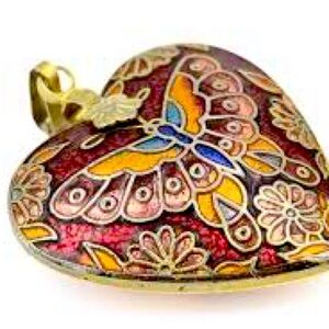 vintage cloisonné enamel puffy heart pendant featuring a butterfly-floral motif